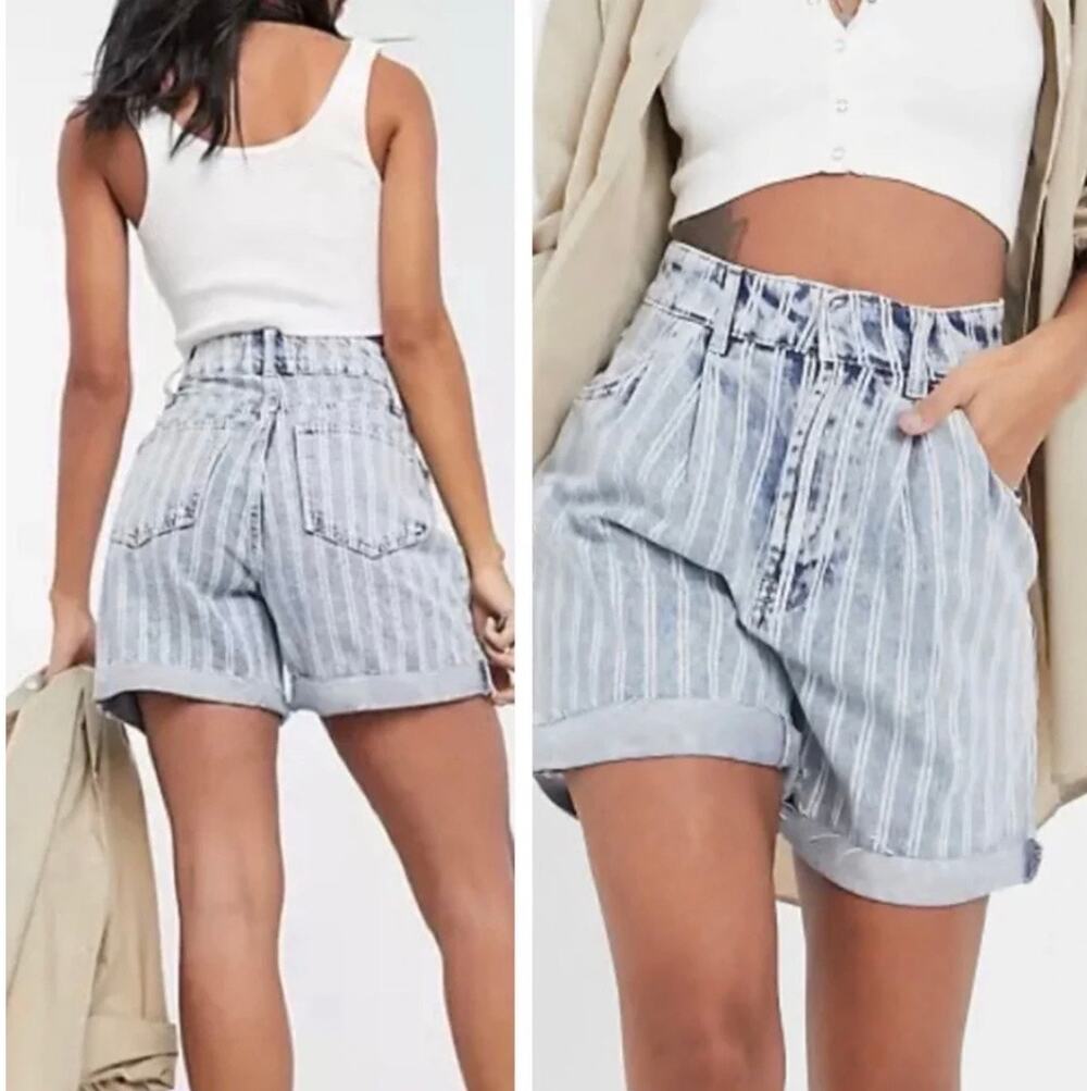 Free People Dogtown High Rise Jean Shorts 29 Striped Bermuda Denim w/ Frayed Hem